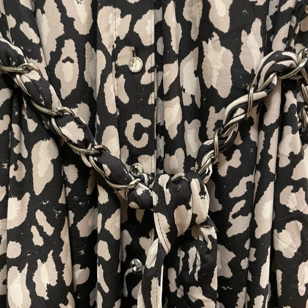 INC INTERNATIONAL CONCEPTS Black Leopard Chain Belt Roll-Tab Sleeve Dress Sz L - Picture 8 of 9